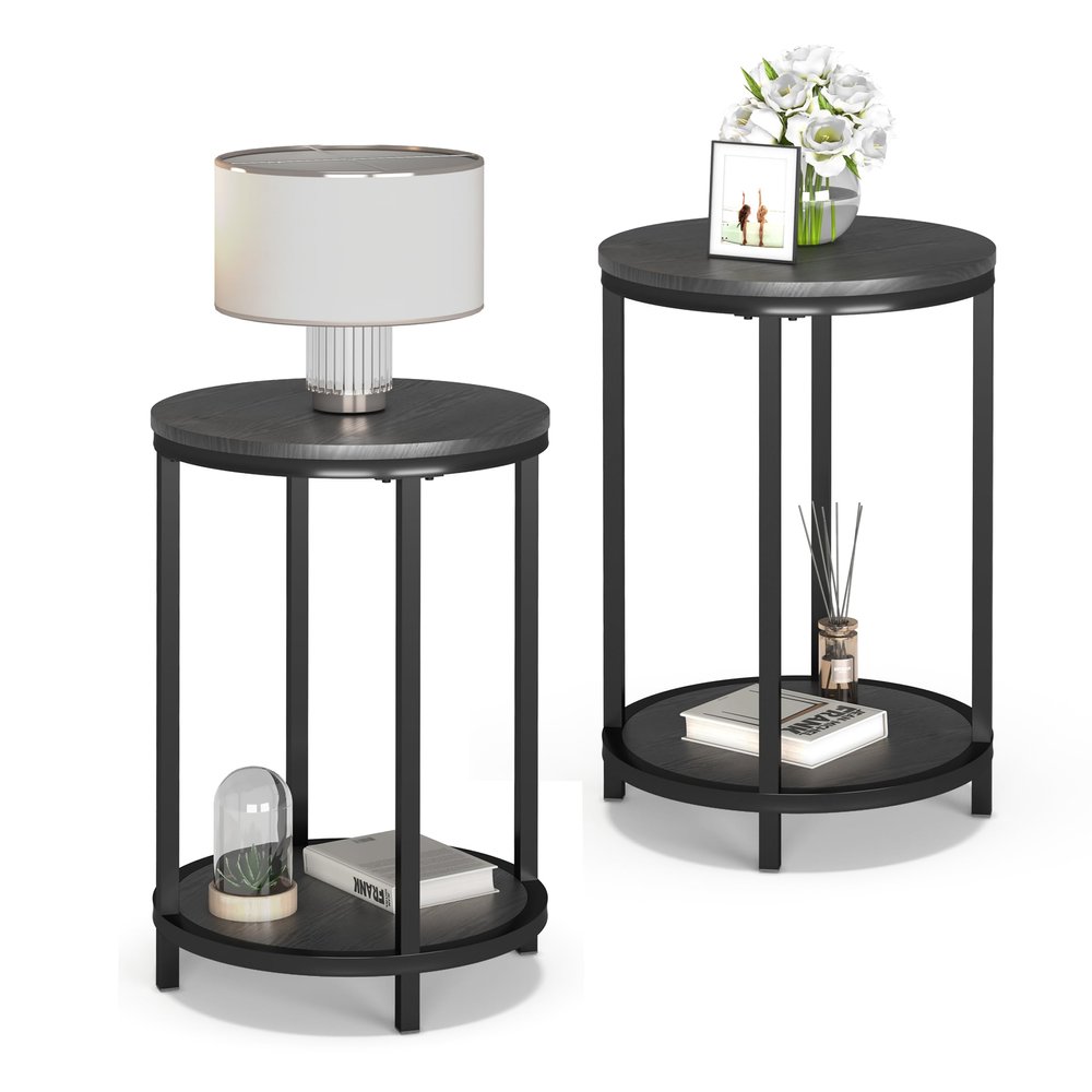 NSdirect Round Side Table Set of 2,16in Rustic Wooden End Table Surface Top & Sturdy Metal Legs Nightstand for Living Room Bedroom Farmhouse Sofa Table with Storage Open Shelf,Black