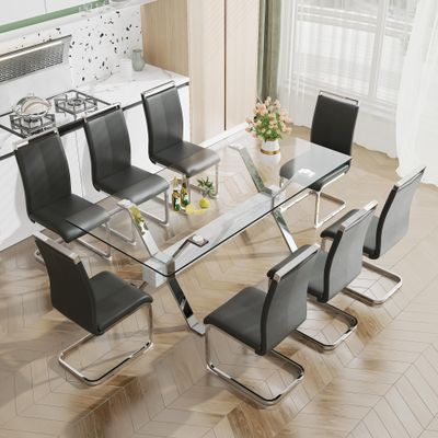 HomVent Modern Glass Dining Table & Chair Sets for 8, Glass Kitchen Table Set with Rectangle Tempered Glass Table Top and 8 PU Faux Leather Chairs for Dining Room Kitchen