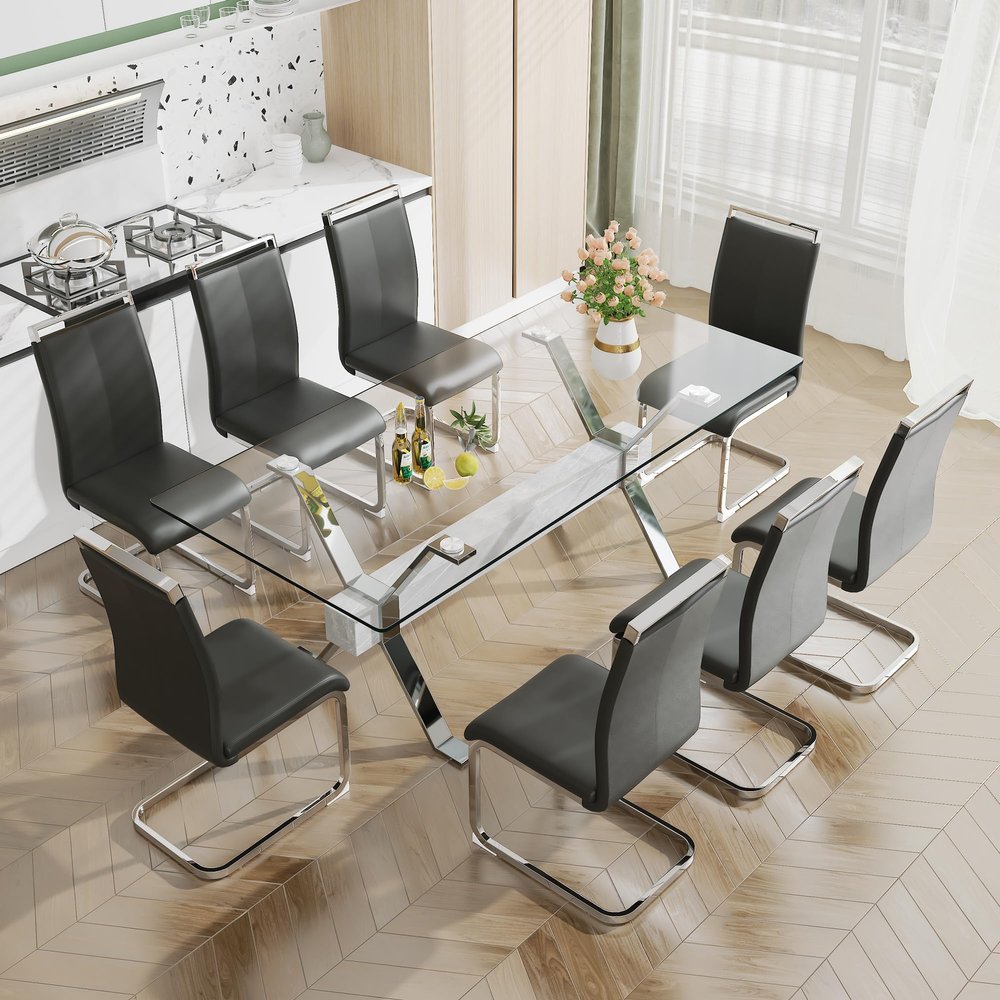 HomVent Modern Glass Dining Table & Chair Sets for 8, Glass Kitchen Table Set with Rectangle Tempered Glass Table Top and 8 PU Faux Leather Chairs for Dining Room Kitchen