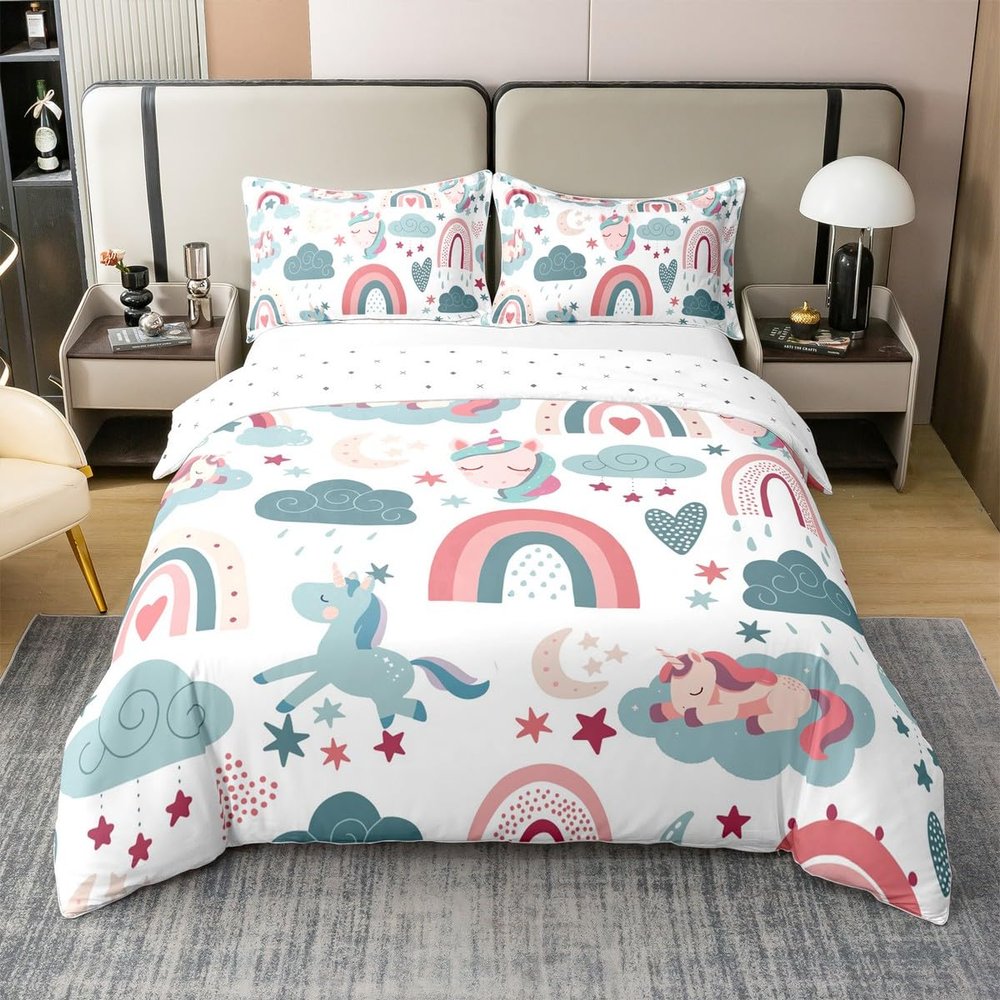 Cartoon Unicorn 100% Organic Cotton Comforter Cover Boho Rainbow Starry Sky Cloud Moon Duvet Cover Set Queen Size for Bedroom Cute Animals Blue Green Pink Bedding Set with 2 Pillowcases(No Filler)