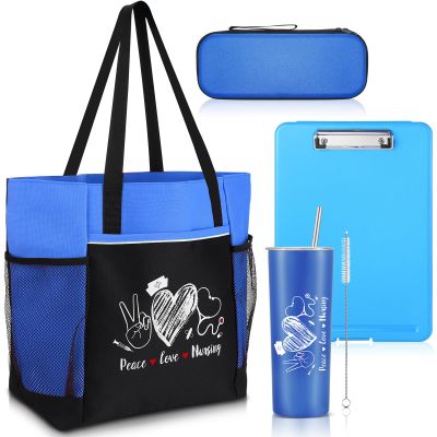 Sabary 5 Pcs CRNA Week Nurse Gifts for Women Nurse Tote Bag Set Appreciation Tote Bag Gifts for Home Care Staff Teacher Employee(Blue,Classic)