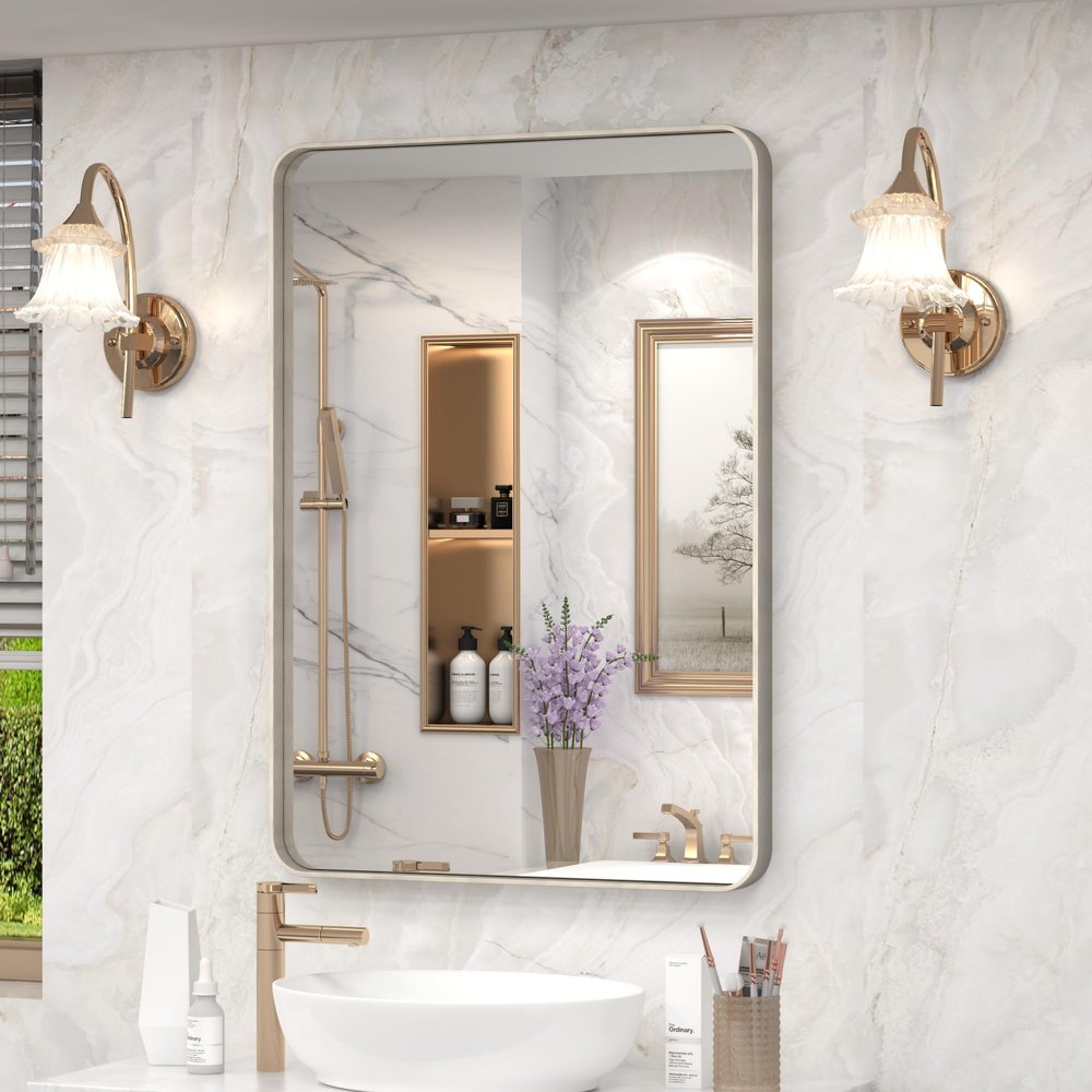 20x30 Inch Brushed Nickel Bathroom Mirror, Brushed Silver Metal Framed Wall Mirror, Rounded Corner Rectangle Modern Vanity Mirror, Tempered Glass, Anti-Rust, Shatterproof (Horizontal/Vertical)