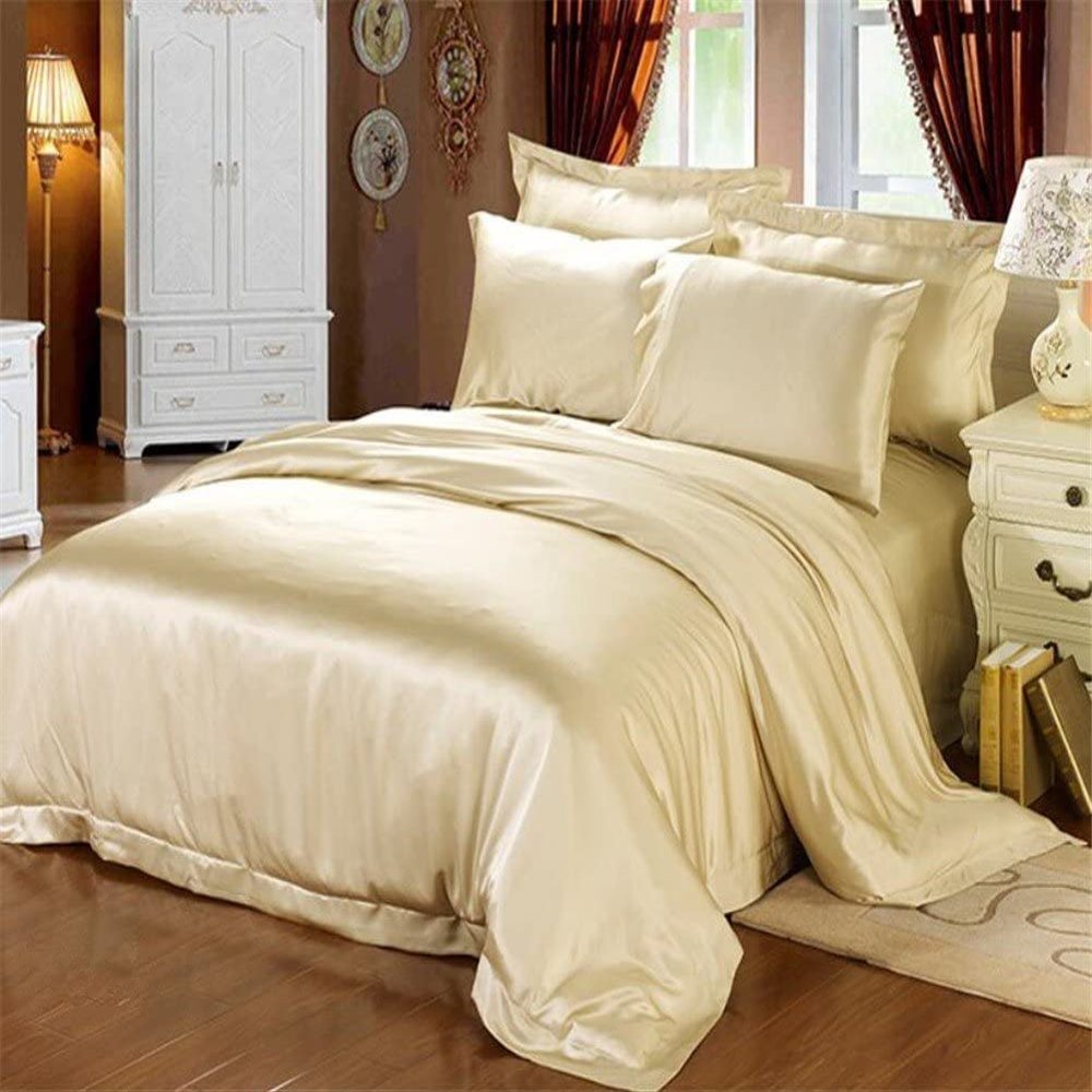 GLIMMER TEXTILE, Premium Quality Silk Satin, Hidden Zipper Closure Duvet Cover Set 3PCS, Queen Size (90"X90"), Very Soft & Luxurious, Corner Ties, Taupe
