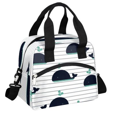 bisibuy Cute Whale Adult Travel Lunch Bags Insulated Lunch Bags for Women Men Stripe Wave Reusable Lunch Box Meal Prep Lunch Tote Cooler Bag