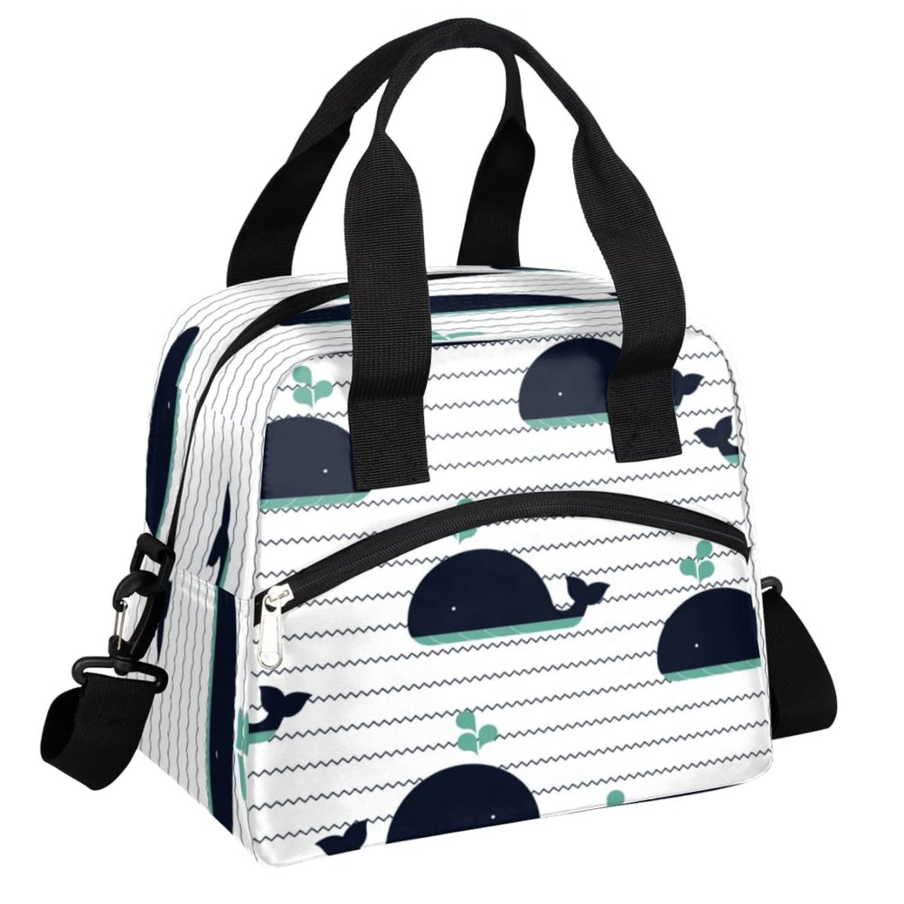 bisibuy Cute Whale Adult Travel Lunch Bags Insulated Lunch Bags for Women Men Stripe Wave Reusable Lunch Box Meal Prep Lunch Tote Cooler Bag