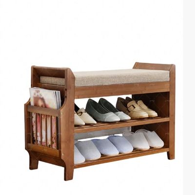 HAPPCUCOE 2 Tier Bamboo Shoe Rack Bench with Soft Cushioned Seat, Brown