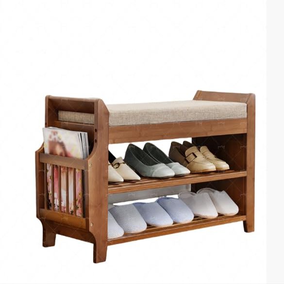 HAPPCUCOE 2 Tier Bamboo Shoe Rack Bench with Soft Cushioned Seat, Brown