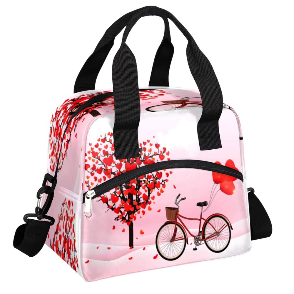 Bike Hearts Tree Lunchbag Reusable Lunch Box Valentine's Day Balloon Insulated Lunch Tote Bag Cooler Bag with Shoulder Strap Food Storage Container Meal Prep Organizer for Women Men Adult Work Picnic