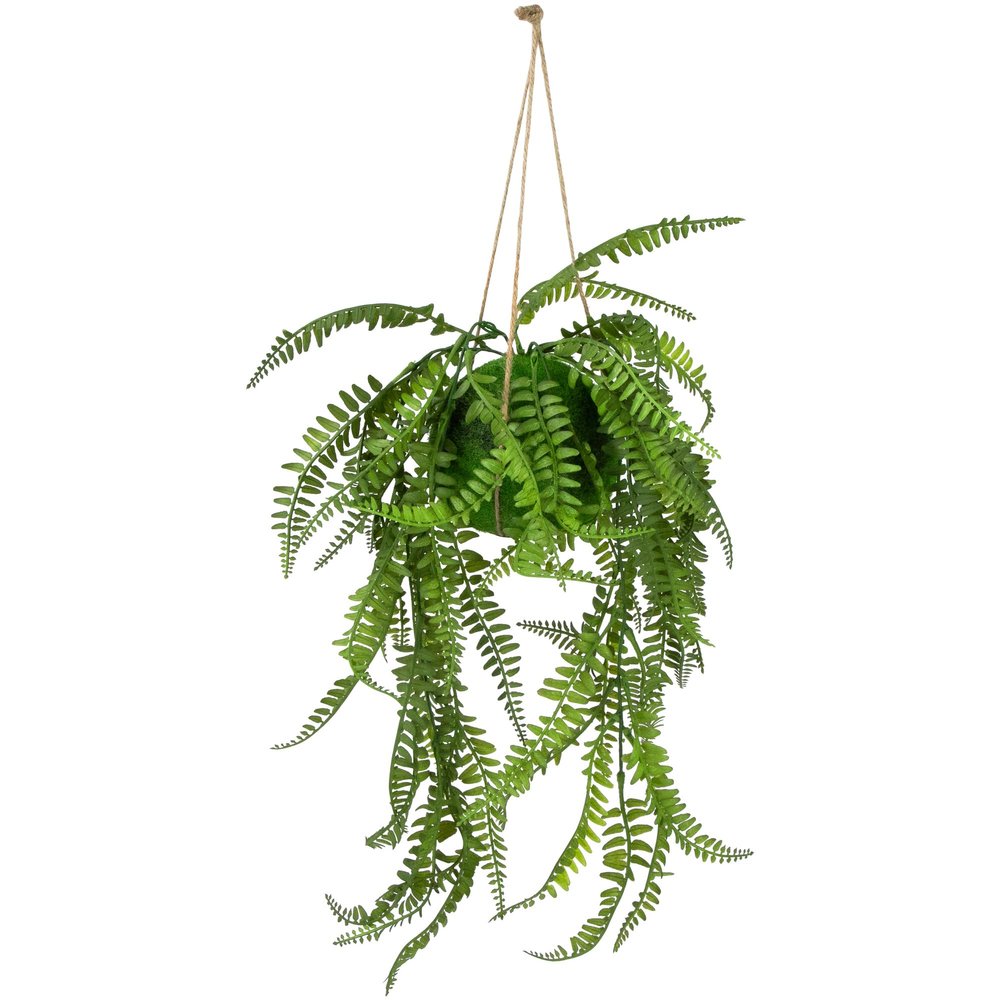 Northlight Artificial Fern Plant with Moss Ball and Hanging Jute Cord, 18", Green