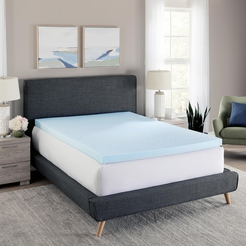 Bodipedic Essentials 3 Inch Memory Foam Mattress Topper, Gel Infused Mattress Topper, Ventilated Design, CertiPUR-US Certified Foam, Blue