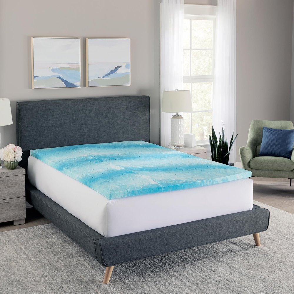 Bodipedic Essentials 3 Inch Memory Foam Mattress Topper, Cooling Gel Swirl Memory Foam, Ventilated Design, CertiPUR-US Certified Foam, Blue/White