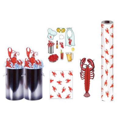 Beistle Crawfish Themed Party Decoration Kit - Crawfish Table Roll, 2 3-D Centerpieces, 22 Photo Fun Signs, 16 Lunch Paper Napkins, Tissue Lobster - Mardi Gras Crustacean Decor