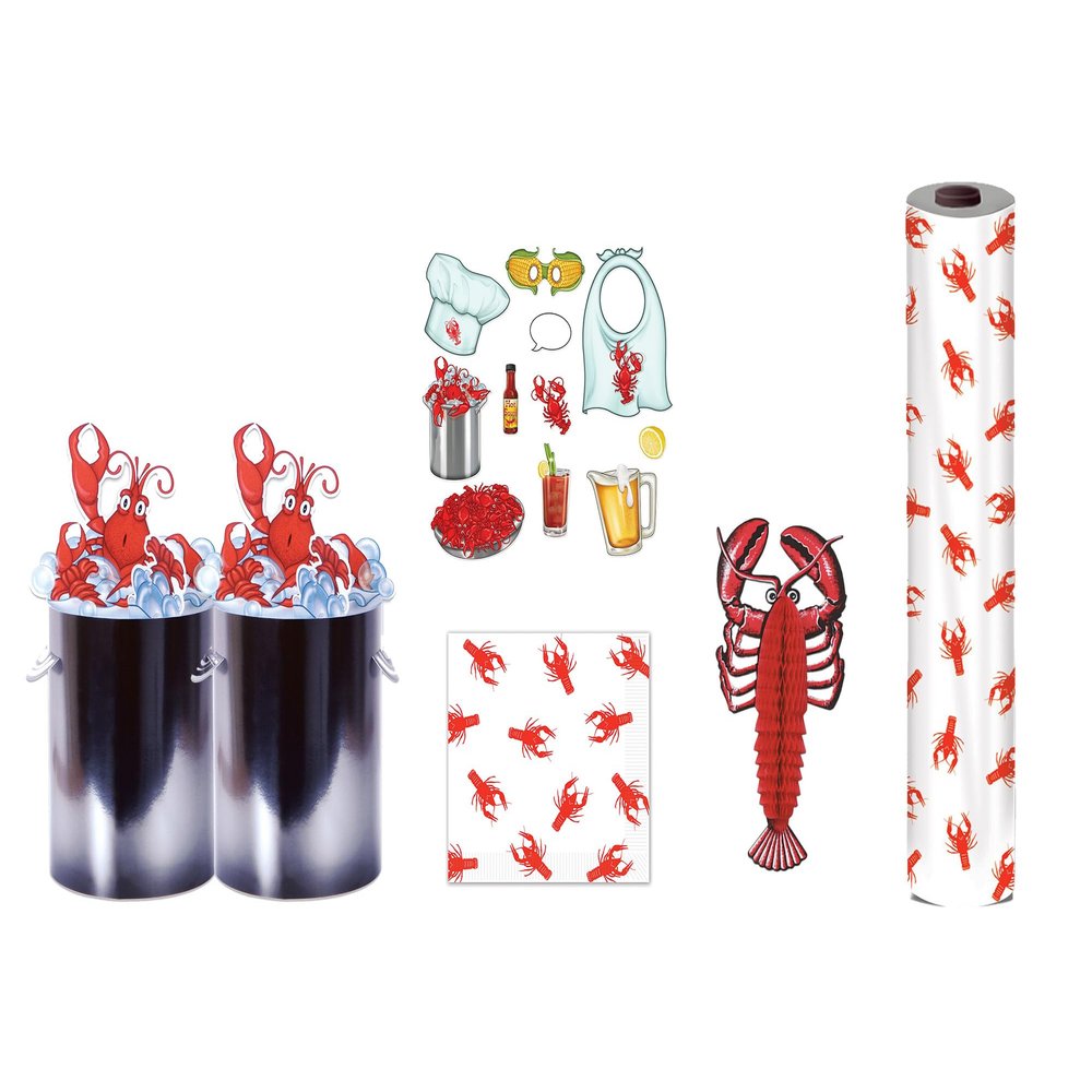 Beistle Crawfish Themed Party Decoration Kit - Crawfish Table Roll, 2 3-D Centerpieces, 22 Photo Fun Signs, 16 Lunch Paper Napkins, Tissue Lobster - Mardi Gras Crustacean Decor