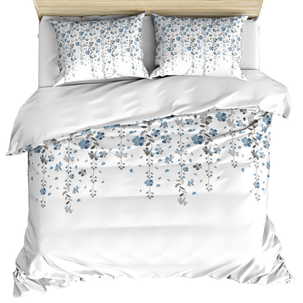 Blue Grey Florals Duvet Cover Cal. King Size, Spring Weeping Flowers Comforter Cover with Zipper Closure, 3 Piece Bedding Sets 1 Duvet Cover 90x106 Inches and 2 Pillow Shams