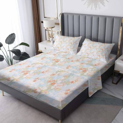 Flower Sheets King Size, Floral Botanical Bed Sheets, Patterned Bedding Sheets & Pillowcases 4 Piece Set - Soft Microfiber Deep Pocket Fitted Sheet & Flat Sheet & 2 Pillow Cases K3-&-13