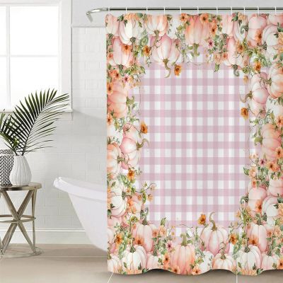 Anzona Thanksgiving Waterproof Shower Curtains Set - Extra Long 72 x 78 Inch, Pink Pumpkins Green Leaves Fall Flower Plaid Polyester Bathroom Curtain with 12 Hooks, Bathroom Accessories, 1 Panel