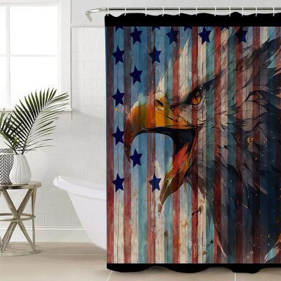 Anzona Eagle Waterproof Shower Curtains Set - Standard 66 x 72 Inch, Star Flag Red Blue Wood Grain Abstract Art Polyester Fabric Bathroom Curtain with 12 Hooks, Bathroom Accessories, 1 Panel