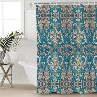 Anzona Blue Flower Waterproof Shower Curtains Set - Extra Long 72 x 96 Inch, Beige Ethnic Vintage Floral Pattern Abstract Art Polyester Bathroom Curtain with 12 Hooks, Bathroom Accessories, 1 Panel