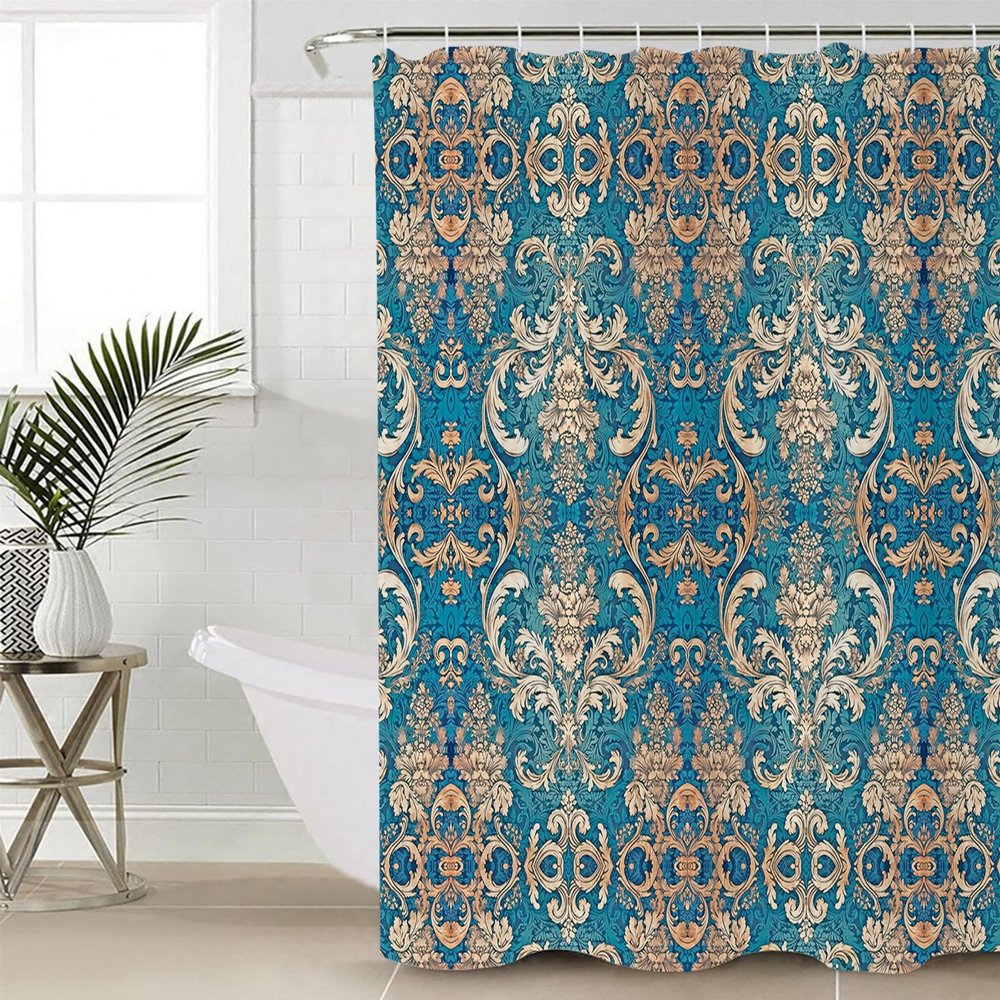 Anzona Blue Flower Waterproof Shower Curtains Set - Extra Long 72 x 96 Inch, Beige Ethnic Vintage Floral Pattern Abstract Art Polyester Bathroom Curtain with 12 Hooks, Bathroom Accessories, 1 Panel