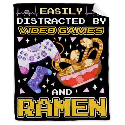 Easily Distracted by Video Games and Ramen Blanket Game Blanket Ramen Gift Video Game Gifts Lightweight Soft Flannel Fleece Throw Blankets for Couch Bed Sofa X-Large Family (120"90")