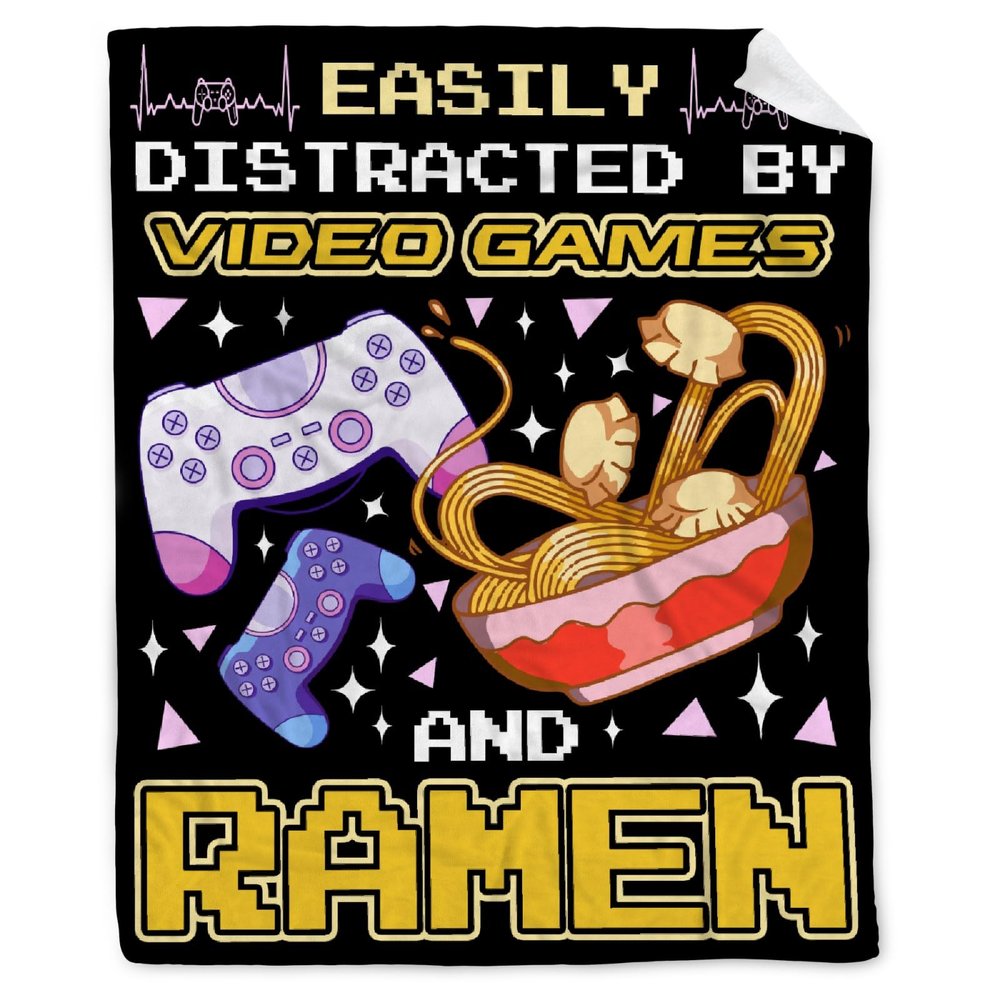 Easily Distracted by Video Games and Ramen Blanket Game Blanket Ramen Gift Video Game Gifts Lightweight Soft Flannel Fleece Throw Blankets for Couch Bed Sofa X-Large Family (120"90")