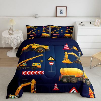 Manfei Kids Truck Comforter Set Full Size, Boys Construction Vehicle Bedding Set 3pcs for Children, Cartoon Excavator Tractor Crane Quilt Set Yellow Equipment Cars Duvet Set with 2 Pillowcases