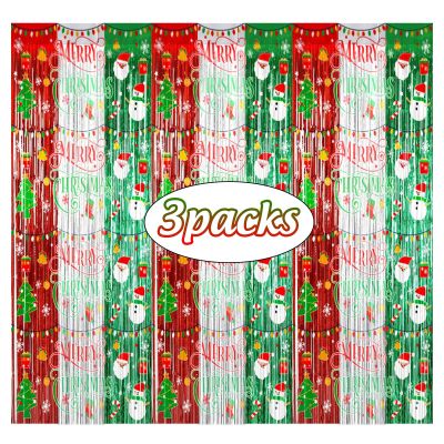 Avezano 3pcs Christmas Party Decorations Merry Christmas Foil Fringe Curtains for Kids & Adults Selfie Picture Backdrop Holiday Ugly Sweater Party Streamers Photo Booth Props Supplies Decor 3.3x6.6ft