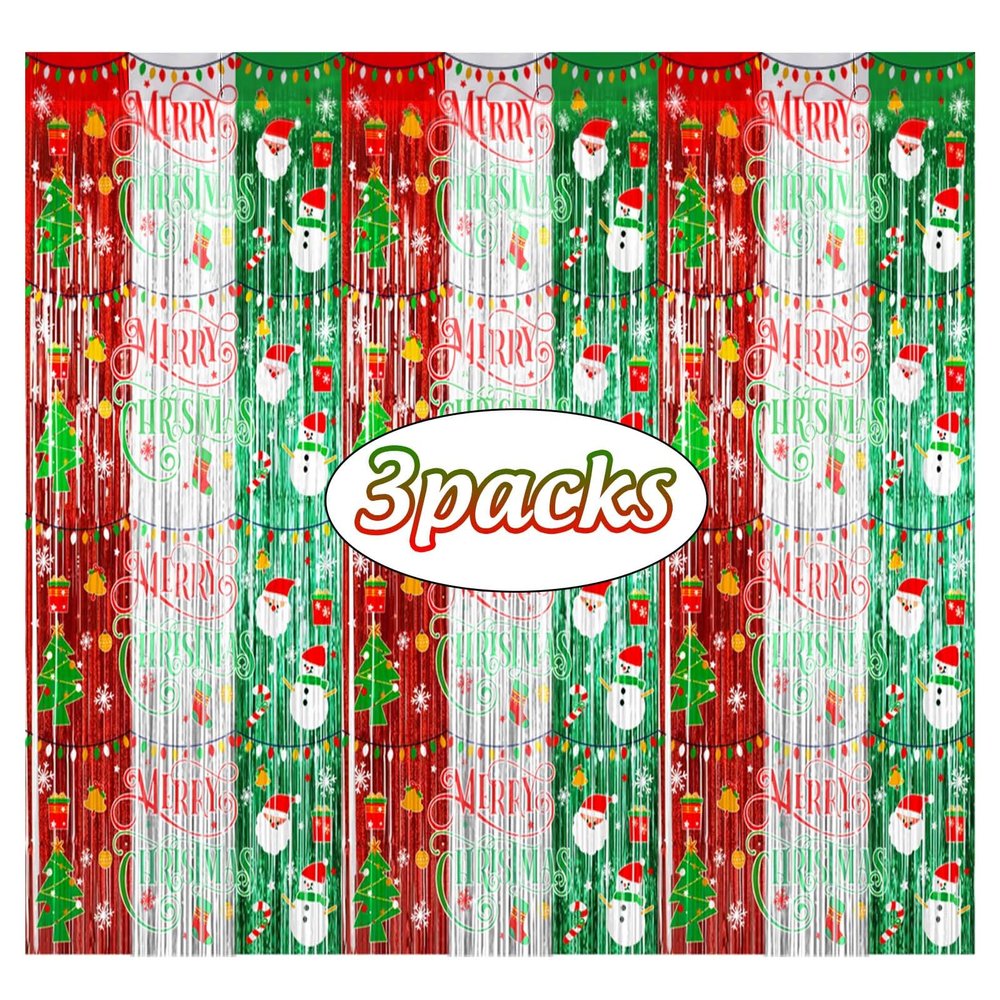 Avezano 3pcs Christmas Party Decorations Merry Christmas Foil Fringe Curtains for Kids & Adults Selfie Picture Backdrop Holiday Ugly Sweater Party Streamers Photo Booth Props Supplies Decor 3.3x6.6ft