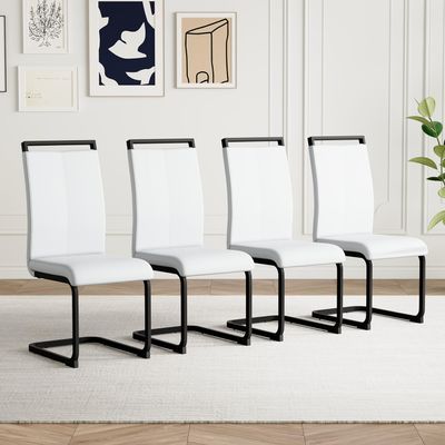 AZmac Modern Leather Dining Chairs Set of 4,Armless Kitchen Chairs,Dining Room Chair with Upholstered Padded Seat and Sturdy Chrome Legs for Dining Room,Kitchen (Set of 4, White-Black Leg)