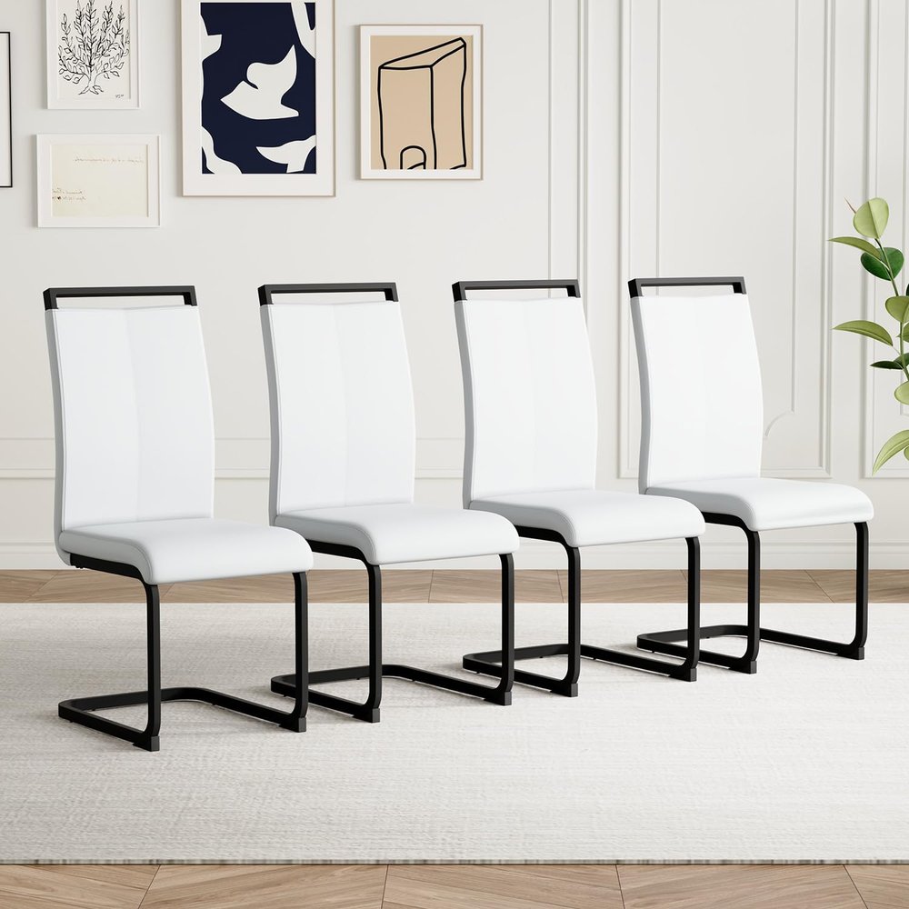 AZmac Modern Leather Dining Chairs Set of 4,Armless Kitchen Chairs,Dining Room Chair with Upholstered Padded Seat and Sturdy Chrome Legs for Dining Room,Kitchen (Set of 4, White-Black Leg)
