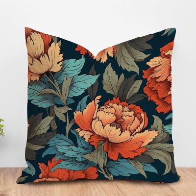 ArogGeld Chinoiserie Chic Cushion Covers Chinoiserie Coral Peony Floral Sofa Pillow Cover Peony Flower Teal Green and Red Accent Pillow Farmhouse Decor for Chair Sofa 24x24in White Flax
