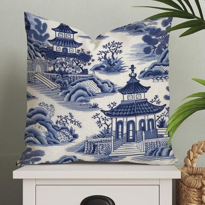 MangGou Blue and White Pagoda Pillow Covers Chinoiserie Throw Pillow Cover Blue and White Asian Pillow Case Cushion Cover Home Decor for Bedroom Living Room Sofa 18x18in