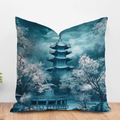 ArogGeld Aqua Teal Blue Asian Scenic Pagoda Throw Pillow Covers Oriental Ancient Pagoda China Garden Decorative Sofa Cushion Cover Chinoiserie Chic Farmhouse Pillow Cases 24x24in White Flax
