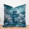 ArogGeld Aqua Teal Blue Asian Scenic Pagoda Throw Pillow Covers Oriental Ancient Pagoda China Garden Decorative Sofa Cushion Cover Chinoiserie Chic Farmhouse Pillow Cases 24x24in White Flax view 1