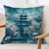 ArogGeld Aqua Teal Blue Asian Scenic Pagoda Throw Pillow Covers Oriental Ancient Pagoda China Garden Decorative Sofa Cushion Cover Chinoiserie Chic Farmhouse Pillow Cases 24x24in White Flax view 3