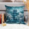 ArogGeld Aqua Teal Blue Asian Scenic Pagoda Throw Pillow Covers Oriental Ancient Pagoda China Garden Decorative Sofa Cushion Cover Chinoiserie Chic Farmhouse Pillow Cases 24x24in White Flax view 4