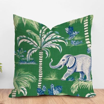 ArogGeld Green with Elephant and Donkey Cushion Cover Chinoiserie Green Tree and Animal Square Throw Pillow Covers Chinoiserie Style Throw Pillow Case for Chair Sofa 26x26in White Linen
