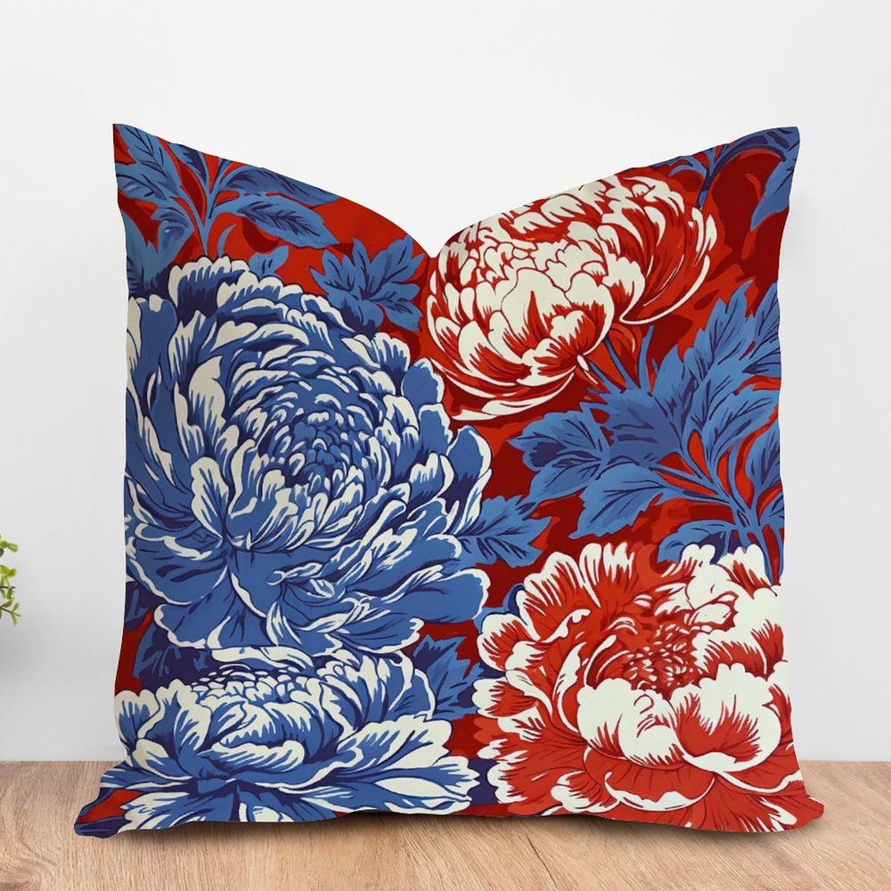 ArogGeld Red and Blue Chinoiserie Floral Peony Cushion Cover Watercolor Navy Blue Red Flower Square Sofa Pillow Cover Japanese Asian Style Pillow Cover Case for Chair Sofa 24x24in White Linen