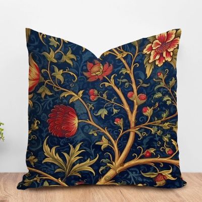 ArogGeld Botanical Burgundy Gold Olive Flower Farmhouse Throw Pillow Navy Blue and Red Floral White Linen Sofa Cushion Cover Japanese Chinoiserie Accent Pillow for Living Room 24x24in