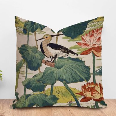 ArogGeld Pad Pistachio Nymphaea Lily Pillow Covers Chinoiserie Blue Flower and Bird Decorative Throw Pillow Cushion Chinoiserie Asian Farmhouse Check Pillow for Sofa Couch Car Chair 16x16in