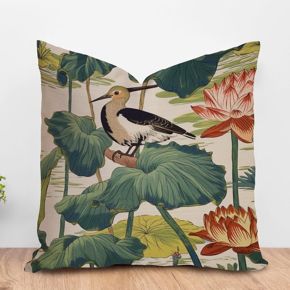 ArogGeld Pad Pistachio Nymphaea Lily Pillow Covers Chinoiserie Blue Flower and Bird Decorative Throw Pillow Cushion Chinoiserie Asian Farmhouse Check Pillow for Sofa Couch Car Chair 16x16in