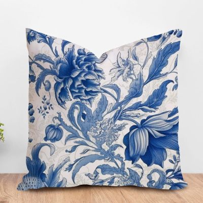 ArogGeld Chinoiserie Blue Flower Farmhouse Sofa Pillowcase Blue and Ivory Indigo Floral White Linen Cushion Cover Japanese Chinoiserie Pillow Sham with Zipper for Living Room 20x20in