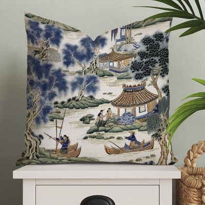 MangGou Blue and Kelly Green Chinoiserie Pillow Covers Asian Scenic Cushion Cover 28x28in Pillow Case Asian Inspired Eurosham Accent Toss Pillowcase Rustic Decor for Sofa Living Room Bedroom