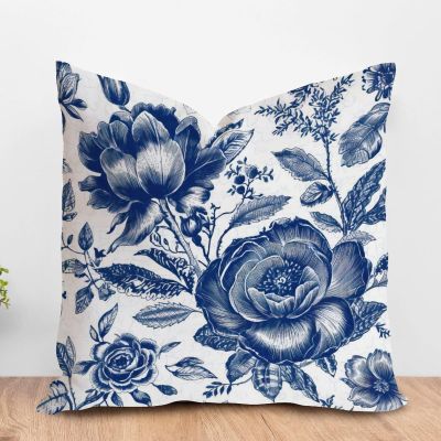 ArogGeld Indigo Blue Peony Rose Floral Sofa Pillowcase Chinoiserie Style Blue Flower Decorative Cushion Cover Oriental Toile Chinoiserie Farmhouse Accent Pillow for Sofa Couch Chair 16x16in