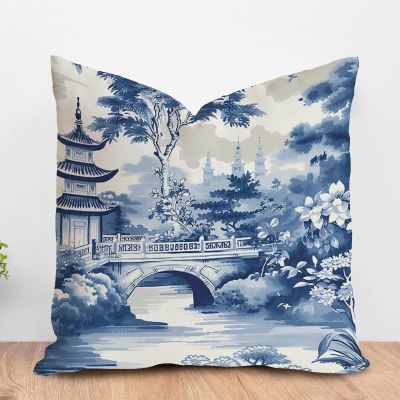 ArogGeld Chinoiserie Asian Blue Pagoda Cushion Cover Oriental Ancient China Garden Square Pillow Covers Traditional Chinese Chinoiserie Euro Sham Pillow for Living Room 26x26in White Linen