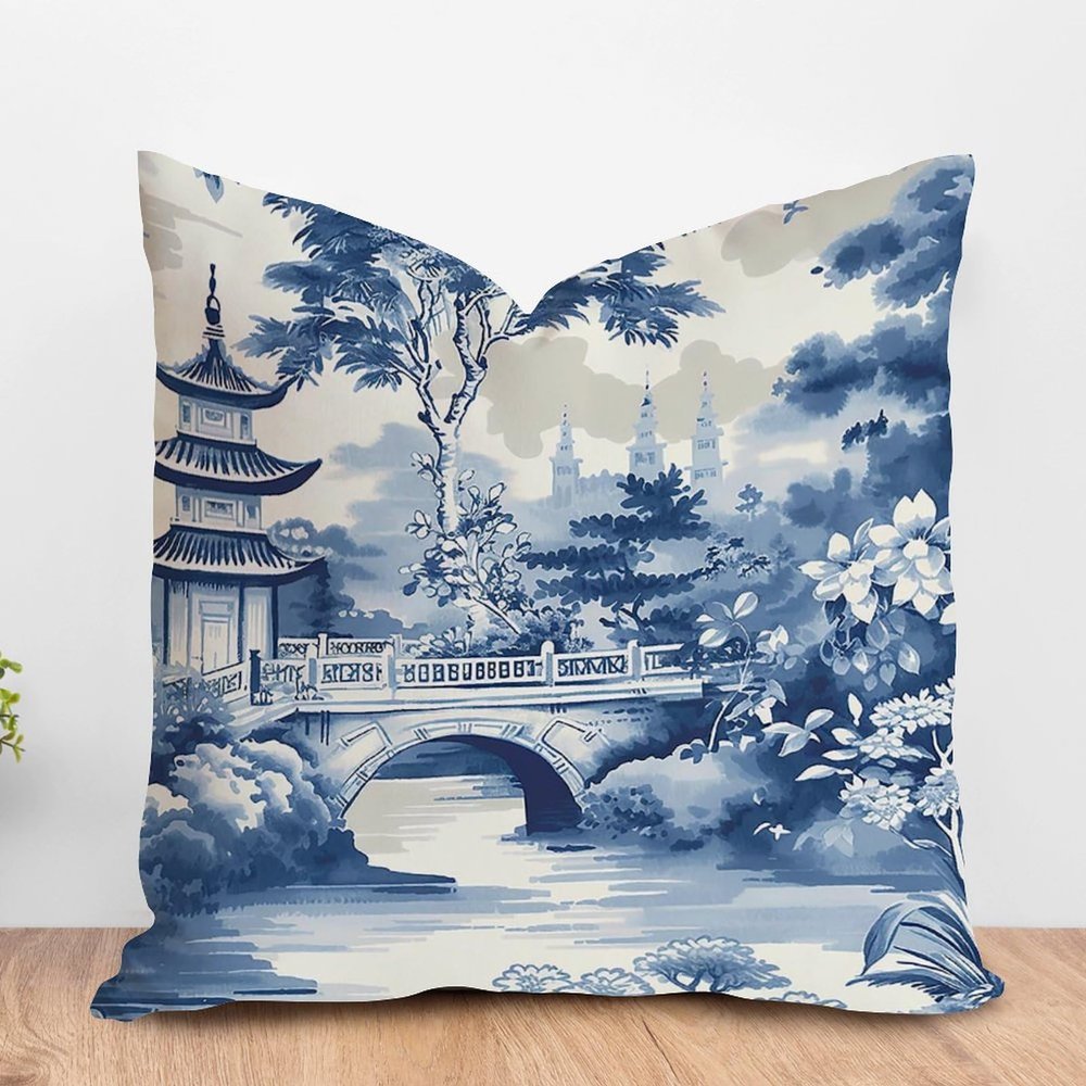 ArogGeld Chinoiserie Asian Blue Pagoda Cushion Cover Oriental Ancient China Garden Square Pillow Covers Traditional Chinese Chinoiserie Euro Sham Pillow for Living Room 26x26in White Linen
