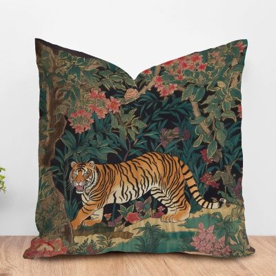 ArogGeld Animal Tiger Stripe Pink Floral Farmhouse Cushion Cover Colorful Flower Animal Print Tiger Home Decor Cushion Covers Chinoiserie Chic Check Pillow for Sofa Couch 22x22in White Linen