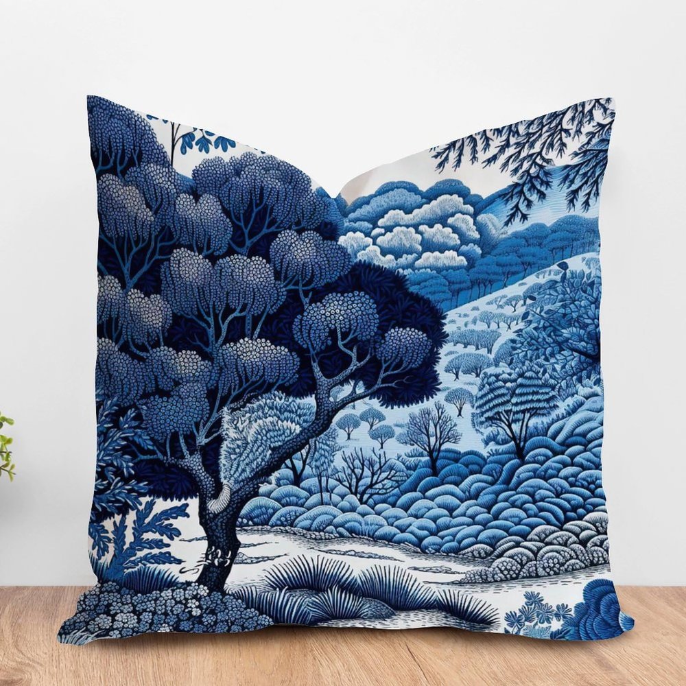 ArogGeld Asian Dynasty Royal Blue Chinoiserie Farmhouse Pillow Cover Indigo Blue and White Indigo Scenic White Linen Cushion Covers Chinoiserie Chic Asian Pillow Sham with Zipper 24x24in