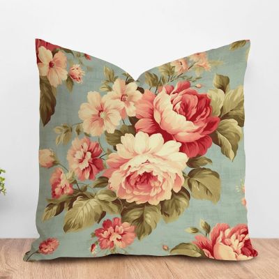 ArogGeld Pink Cabbage Roses Romantic Aqua Farmhouse Cushion Cover Cottage Chic Antique Pink Flower Home Decor Throw Pillow Cushion Chinoiserie Chic Asian Accent Pillow 16x16in White Linen