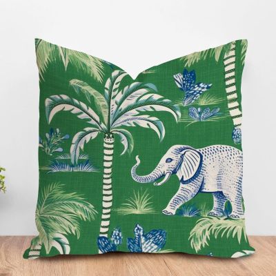ArogGeld Green with Elephant and Donkey Sofa Pillowcase Chinoiserie Green Tree and Animal Decorative Throw Pillow Cushion Asian Scenic Chic Chinoiserie Farmhouse Check Pillow 16x16in